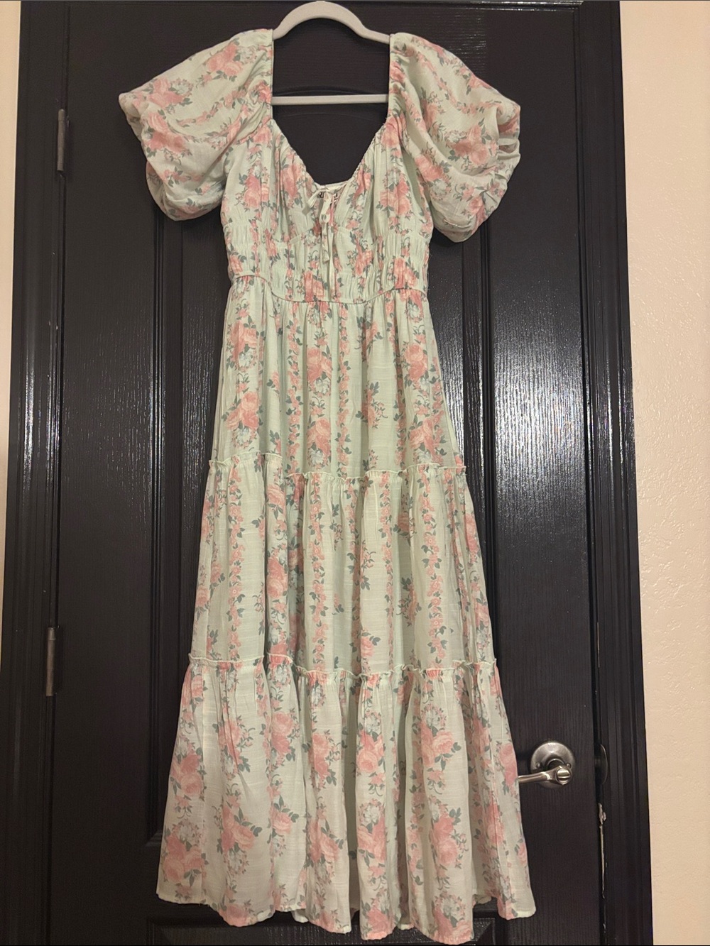 Floral Puff-Sleeve Tiered Maxi Dress - Mint & Pink